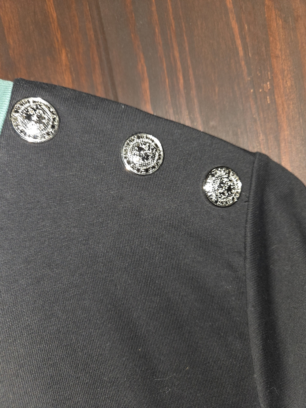 Balmain Black Crewneck T-Shirt with Green Trim and Silver Buttons - Picture 3 of 5
